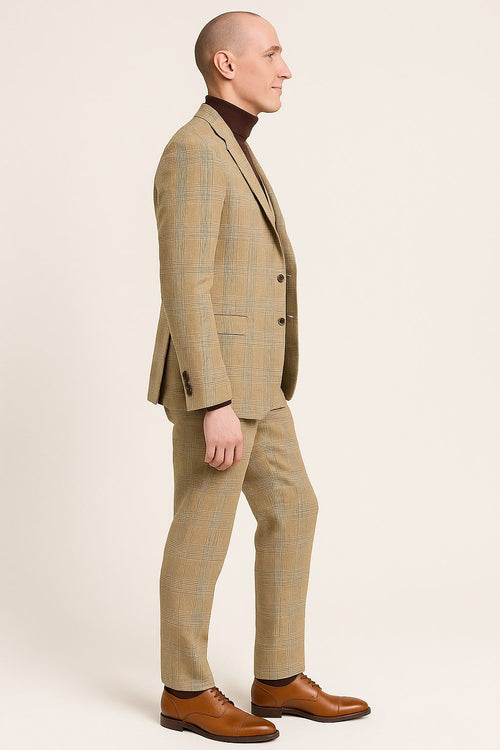 Mens Beige Plaid 3-Piece Suit Classic Checkered Suit for Weddings, Church Vested Checkered Pattern