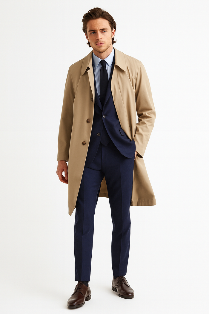 Mens Beige Trench Coat Classic Long Overcoat with Button Front - Raincoat in Khaki Color