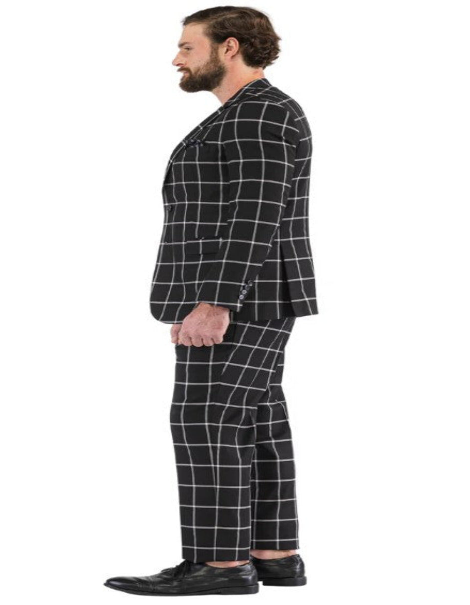 Mens Plaid Suits - Windowpane Pattern With Vest -Business Suit Black - Coat Size 38