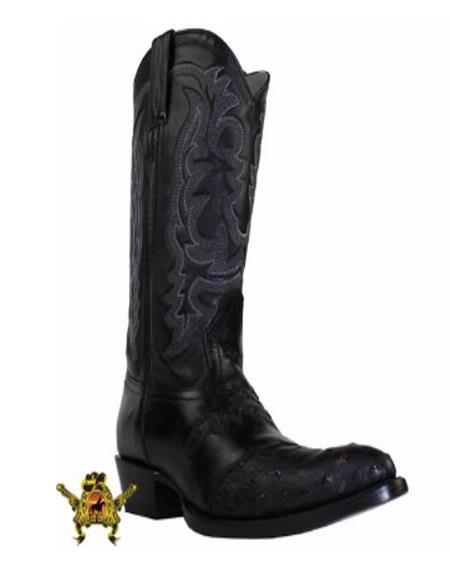 Men's Black Semi Oval Toe Genuine Ostrich Handmade Dress Cowboy Boot Cheap Priced For Sale Online - Botas De Avestruz - 6EE