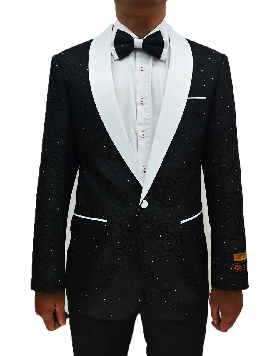 Men's Swirl & Diamond Pattern Prom Tuxedo Jacket in Black & White