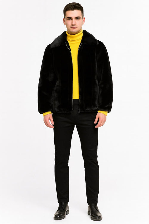 Mens Black Faux Fur Jacket Luxury Winter Zip-Up Coat with Soft Plush Finish
