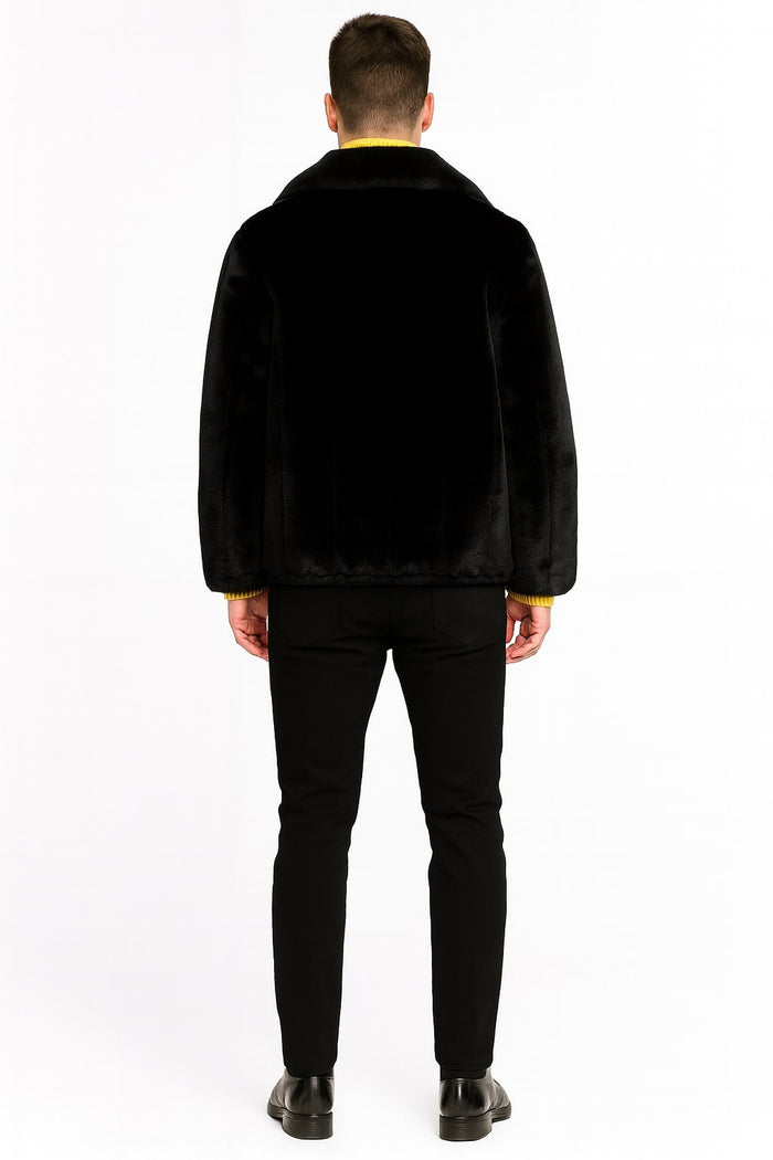 Mens Black Faux Fur Jacket Luxury Winter Zip-Up Coat with Soft Plush Finish