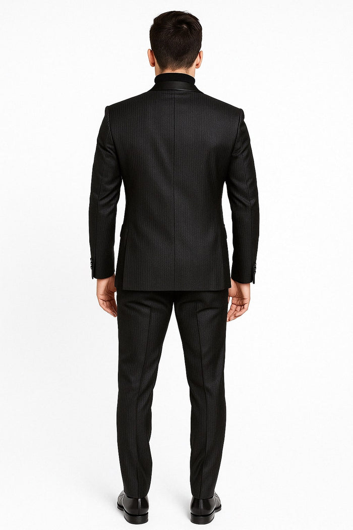 Mens Black Glitter Stripe Tuxedo with Satin Shawl Lapel â€“ Slim Fit Formal Party Suit