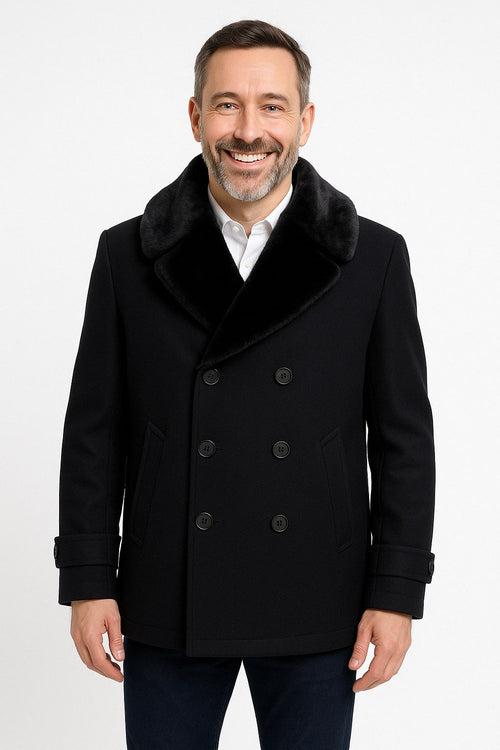 Mens Black Peacoat Wool Overcoat with Faux Fur Shawl Collar â€“ Double-Breasted Winter Peacoat