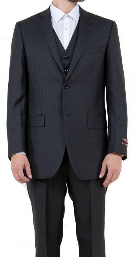 Mens Black Sharkskin Suit Three Piece Single Breasted Notch Lapel Suit - Coat Size 38