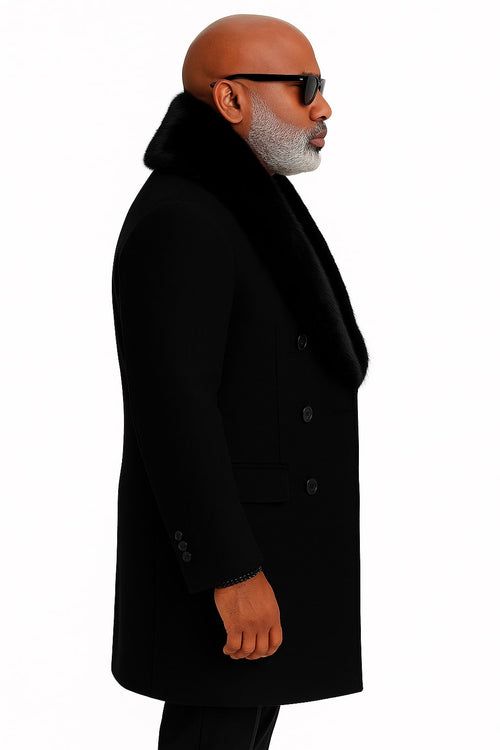 Mens Black Double-Breasted Overcoat with Oversized Faux Fur Collar â€“ Winter Luxury Coat