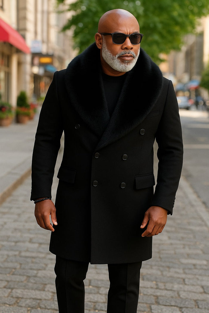 Mens Black Double-Breasted Overcoat with Oversized Faux Fur Collar â€“ Winter Luxury Coat