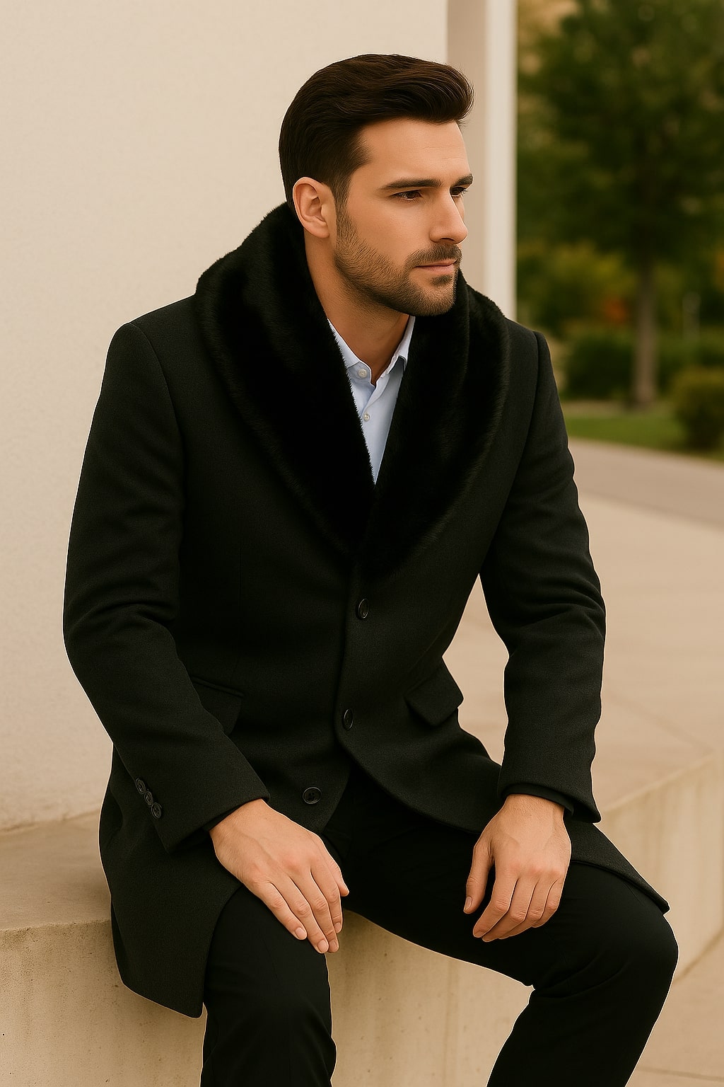 Mens Black Wool Overcoat with Black Faux Fur Collar â€“ Luxury Winter Dress Coat - Coat Size 38
