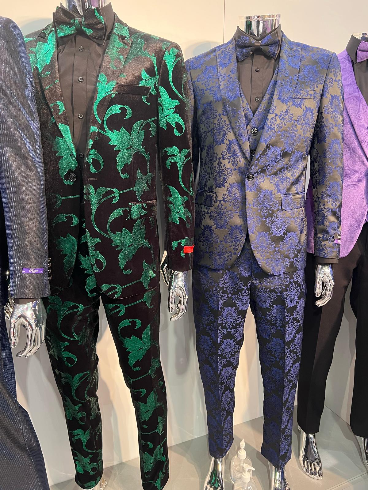 Mens Black and Emerald Green Velvet Floral Tuxedo Suit – Slim Fit 2 Piece Formalwear for Weddings and Events Slim Fitted - 34 Short or Extra Small