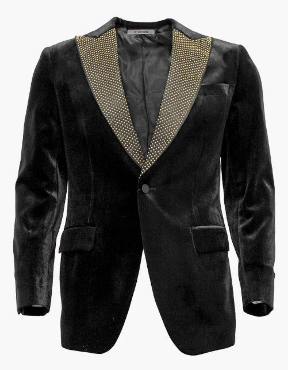 Mens Black and Gold Lapel Tuxedo Dinner Jacket - Black Velvet Blazer Perfect For Prom - 36 Short