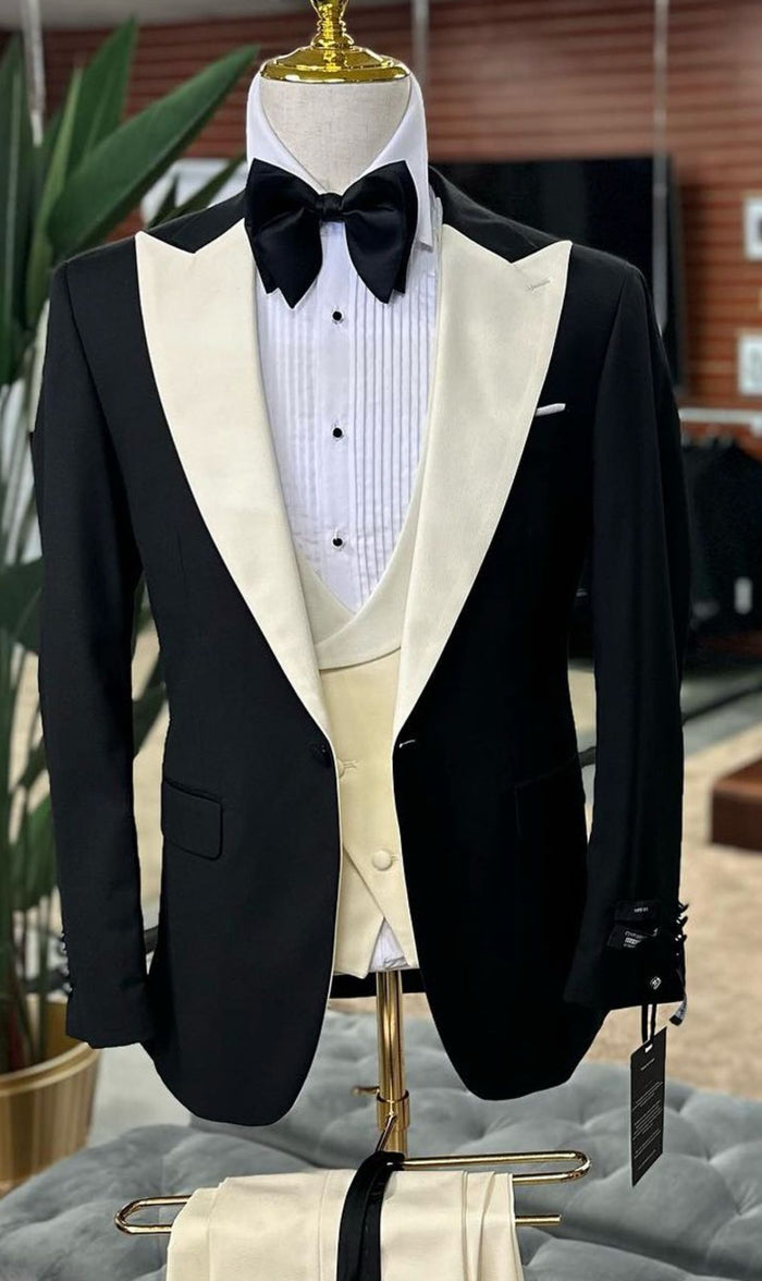 Mens Black and Ivory Tuxedo with Wide Shawl Lapel 3 Piece Black and off White Lapel ! Vested Suit