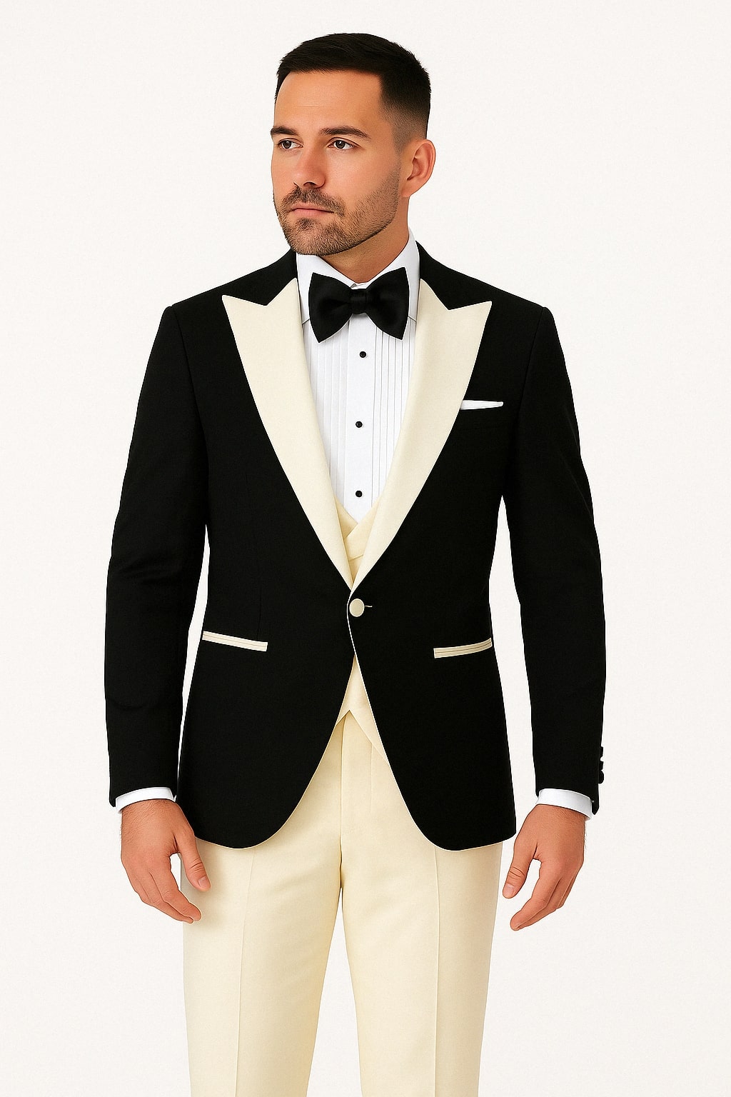 Mens Black and Ivory Tuxedo with Wide Shawl Lapel â€“ 3 Piece Black and off White Lapel ! Vested Suit - 34 Short or Extra Small