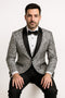 Mens Black and Silver Paisley Tuxedo with Satin Lapel and Bow Tie – Formal Party Suit