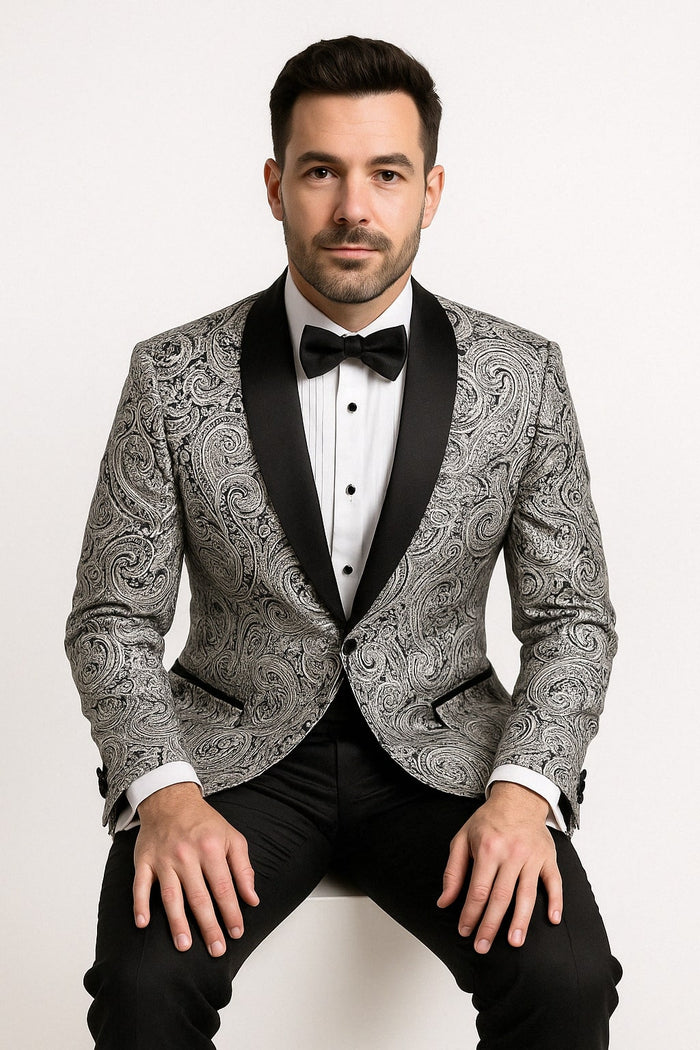 Mens Black and Silver Paisley Tuxedo with Satin Lapel and Bow Tie Formal Party Suit