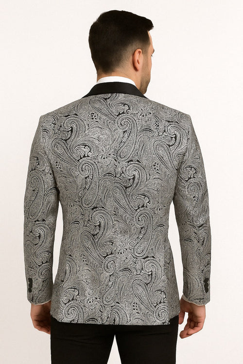 Mens Black and Silver Paisley Tuxedo with Satin Lapel and Bow Tie Formal Party Suit