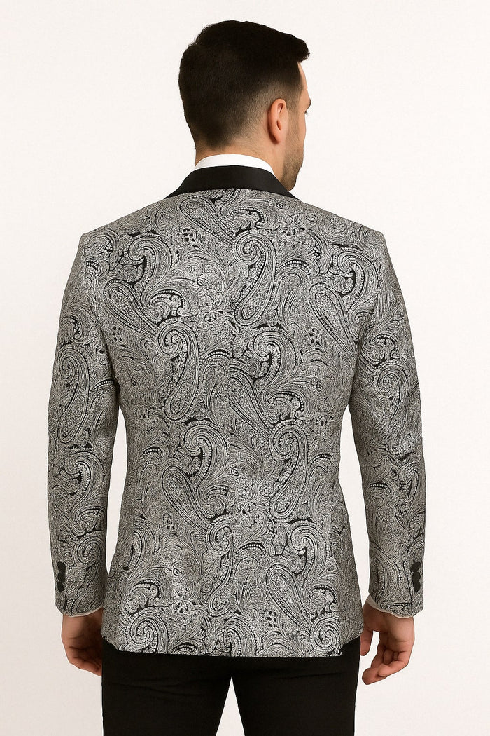 Mens Black and Silver Paisley Tuxedo with Satin Lapel and Bow Tie Formal Party Suit