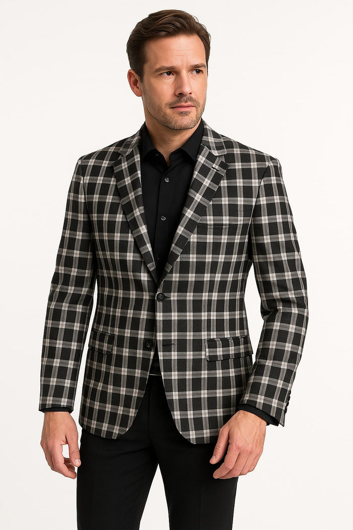 Mens Black and White Plaid Blazer Modern Fit Checkered Windowpane Pattern Business Sport Coat