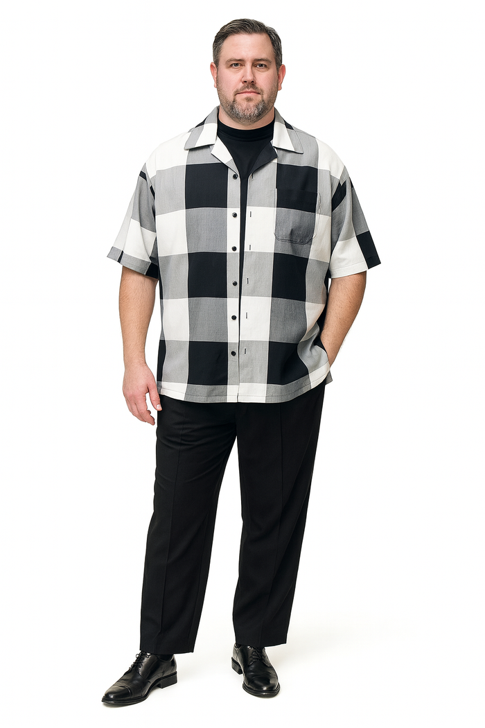 Mens Black and White Checkered Short Sleeve Shirt Set Casual Two-Piece Summer Outfit