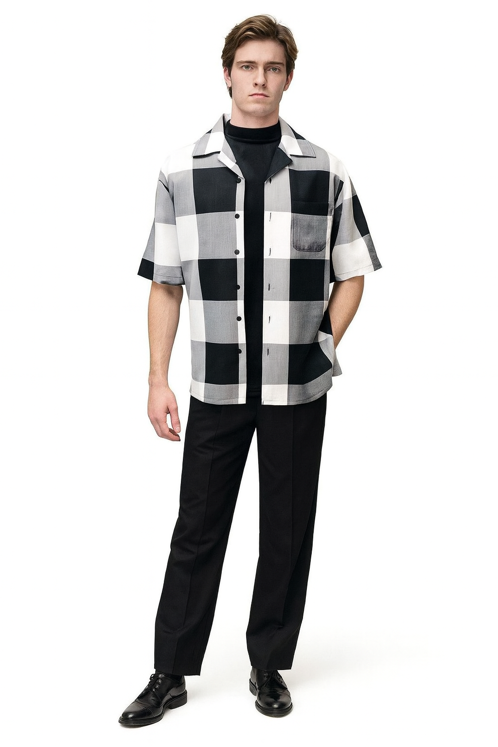 Mens Black and White Checkered Short Sleeve Shirt Set Casual Two-Piece Summer Outfit