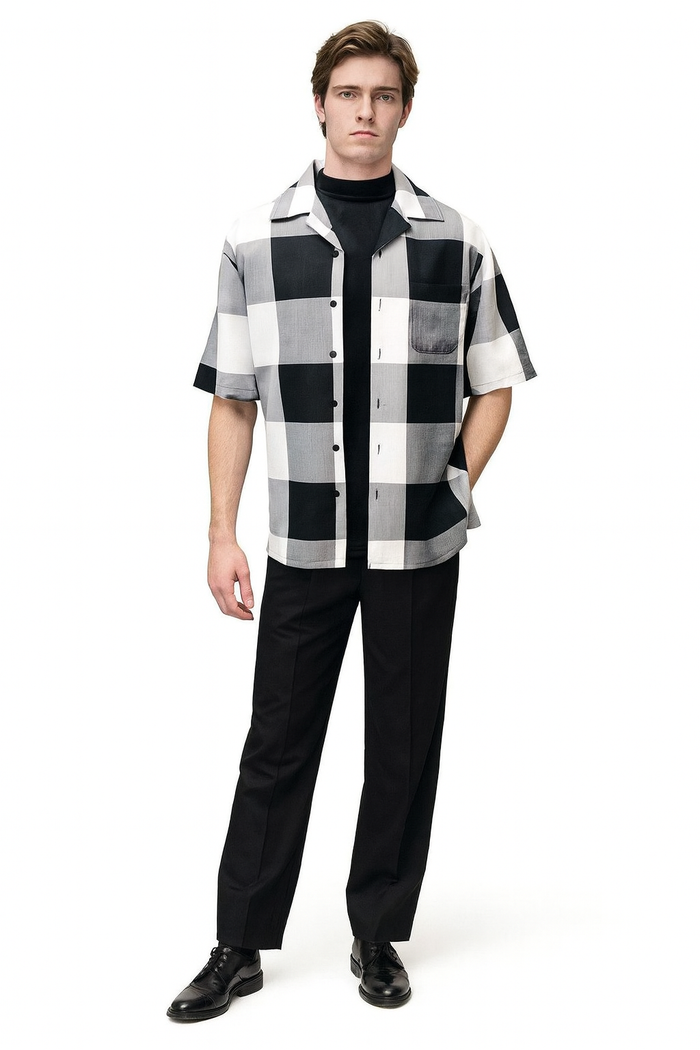 Mens Black and White Checkered Short Sleeve Shirt Set Casual Two-Piece Summer Outfit