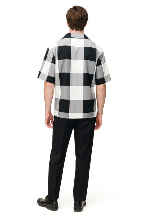 Mens Black and White Checkered Short Sleeve Shirt Set Casual Two-Piece Summer Outfit