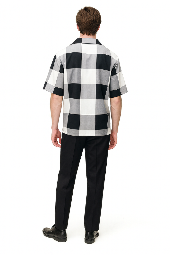 Mens Black and White Checkered Short Sleeve Shirt Set Casual Two-Piece Summer Outfit