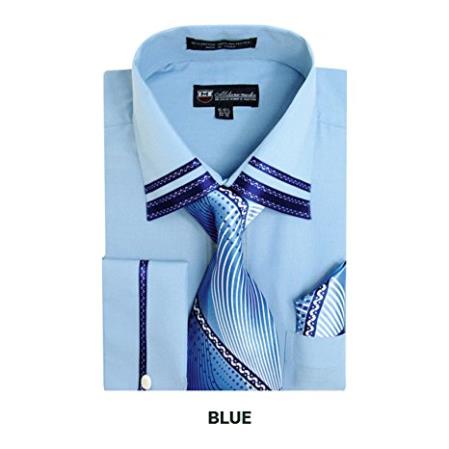 Men's Long Sleeve Two Toned Contrast Fashion Matching Tie, Hankie & French Cuffs Blue - 15.5 Neck / 34-35 sleeve