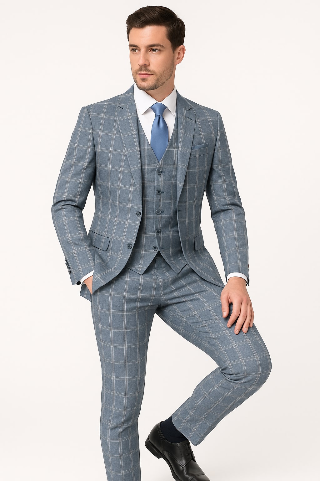 Mens Blue Windowpane Checkered Slim Fit Suit – 3 Piece Stretch Business Suit - 34 Short or Extra Small