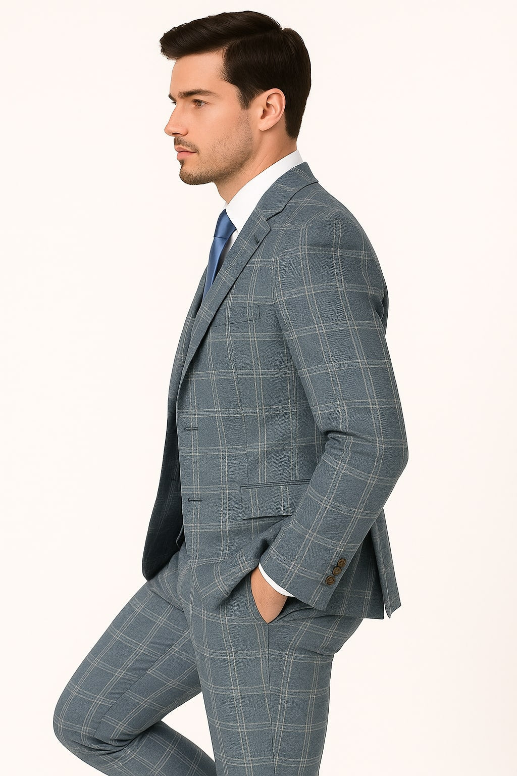 Mens Blue Windowpane Checkered Slim Fit Suit – 3 Piece Stretch Business Suit - 34 Short or Extra Small