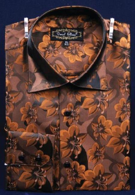 Brown Fancy Polyester Dress Fashion Shirt With Button Cuff For Men's Dress Shirt Night Club Outfit Guys Wear For Men Clothing Fashion - M Or Medium