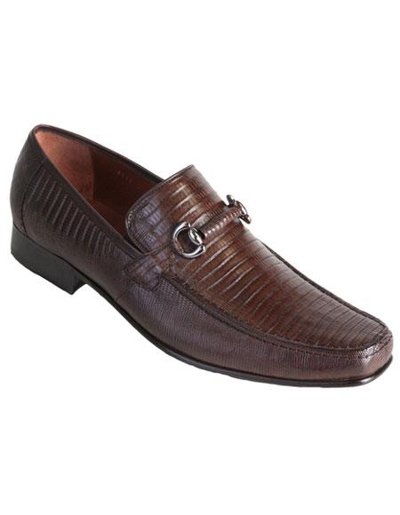 Brown Dress Shoe Los Altos Mens Stylish Brown Exotic Teju Lizard Skin Slip-On Casual Dress Shoes