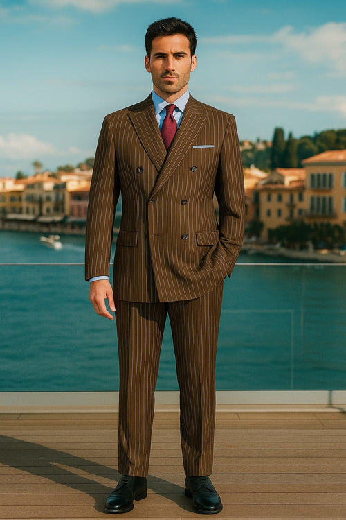 Mens Brown Pinstripe Double-Breasted Suit Classic 6-Button Business and Vintage Style