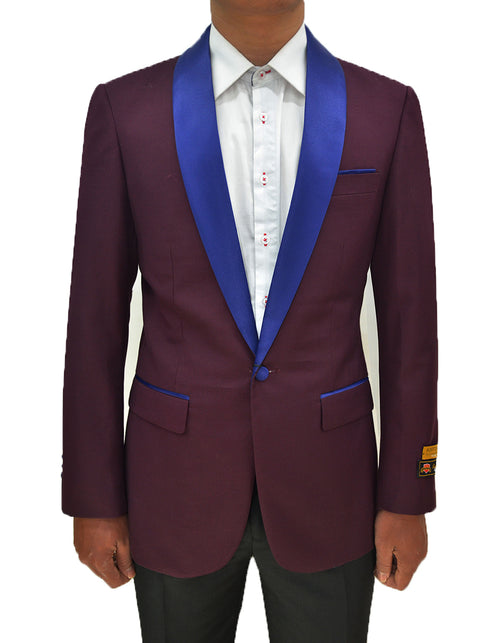 Mens Royal Blue Prom 2026 Tuxedo - Mens One Button Contrast Shawl Collar Dinner Jacket Burgundy & Royal