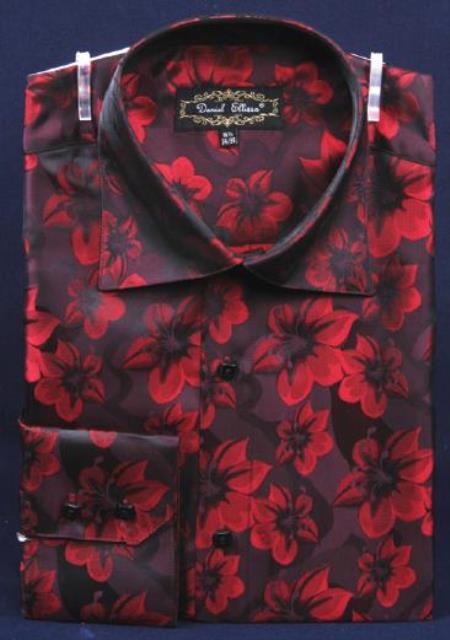 Burgundy ~ Wine ~ Maroon Fancy Polyester With Button Cuff Men's Dress Shirt Night Club Outfit Guys Wear For Men Clothing Fashion