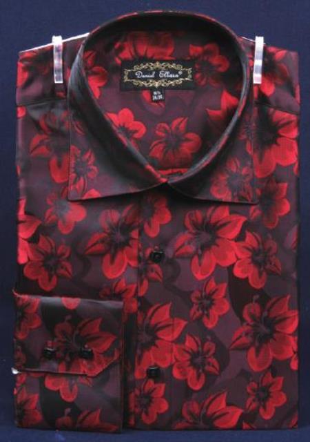 Burgundy ~ Wine ~ Maroon Fancy Polyester With Button Cuff Men's Dress Shirt Night Club Outfit Guys Wear For Men Clothing Fashion - M Or Medium