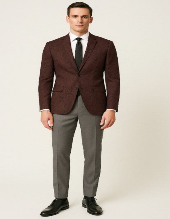 Mens Burgundy Paisley Tuxedo Blazer â€“ Slim Fit Formal Dinner Jacket - Velvet Fabric - Slim Fitted