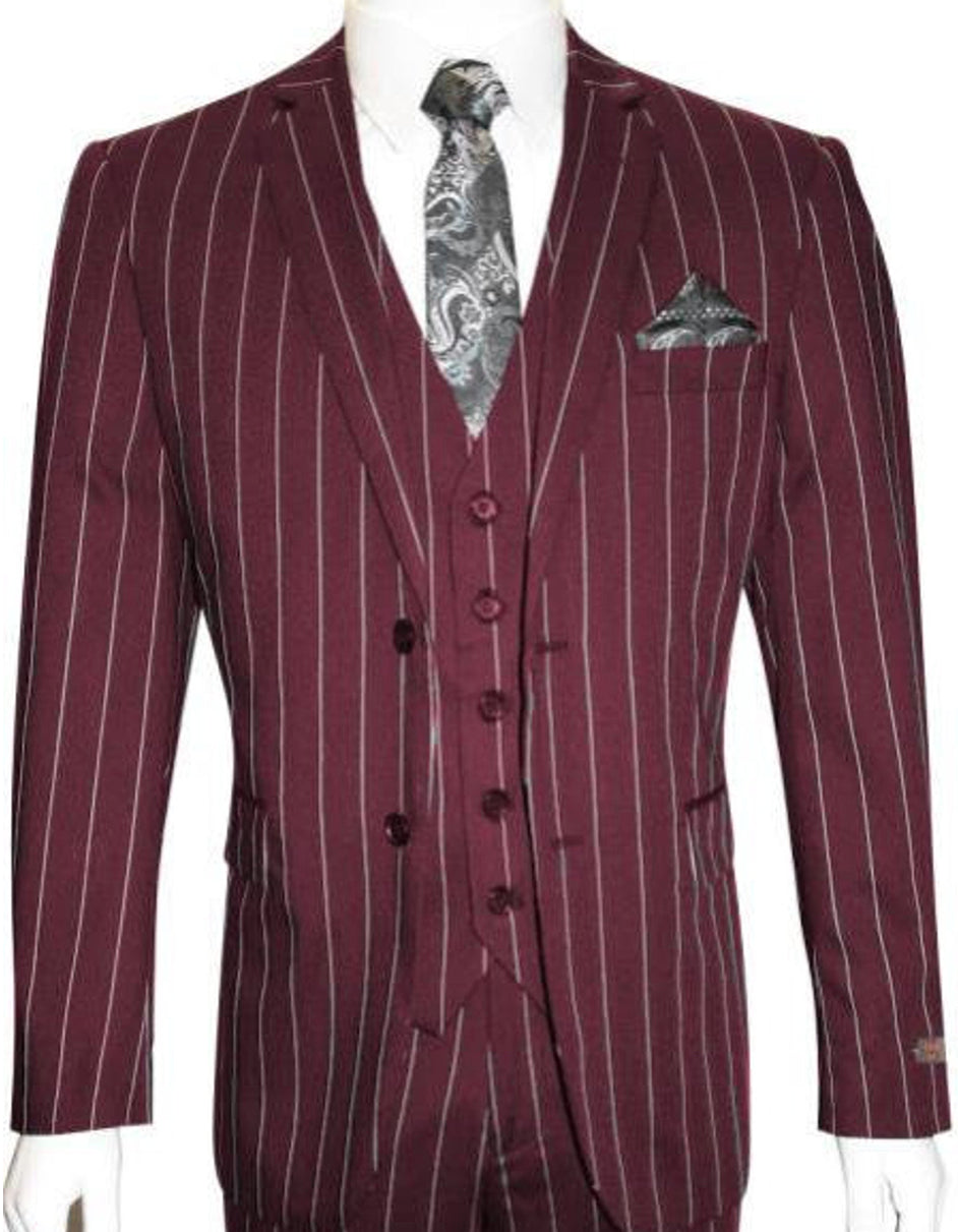 Mens 2 Button Gangster Pinstripe Suit in Burgundy - 38 Short Jacket+32 Waist Adjustable 28to34)(Height: 5 4 to5 7 )(Neck  15-16.5)S-M)
