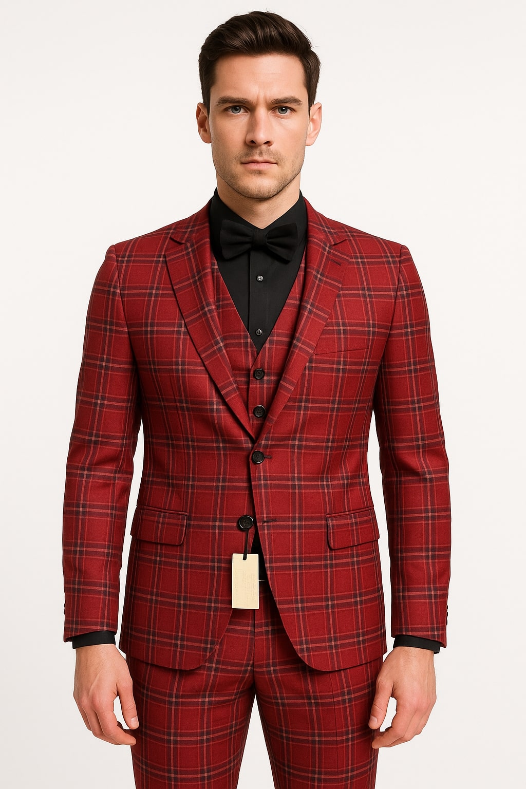 Mens Burgundy Plaid Three-Piece Suit – Ultra Slim Fit Checkered Windowpane Redish 544-10 - 34 Short or Extra Small