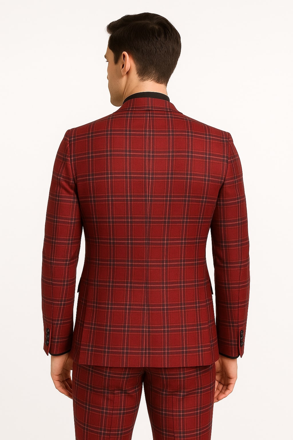 Mens Burgundy Plaid Three-Piece Suit – Ultra Slim Fit Checkered Windowpane Redish 544-10 - 34 Short or Extra Small