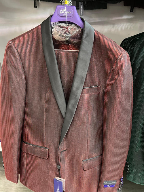 Mens Burgundy Shiny Stripe Tuxedo Jacket Slim Fit Satin Lapel Dinner Blazer for Formal Events