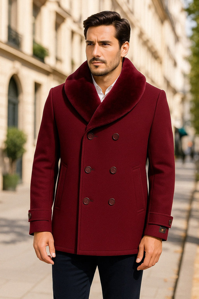 Mens Burgundy Double-Breasted Overcoat with Faux Fur Shawl Collar â€“ Slim Fit Peacoat - Alberto Nardoni Signature