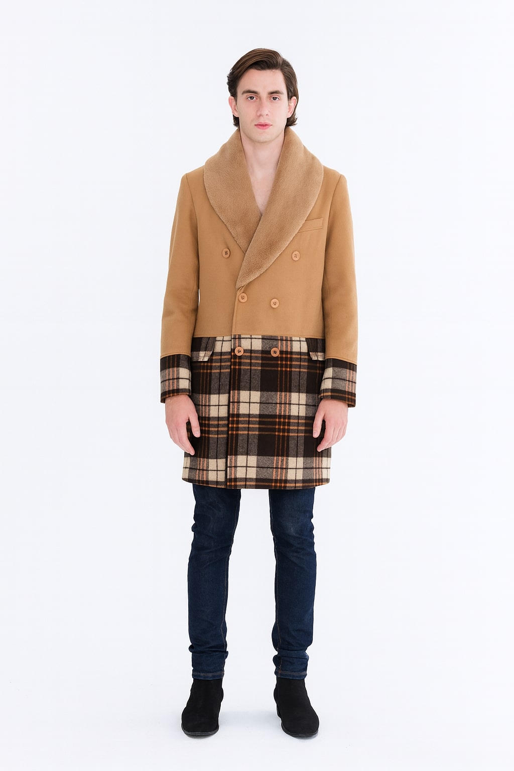 Mens Camel Brown Shawl Collar Overcoat with Plaid Wool Bottom – Double-Breasted Winter Topcoat With Fur Collar - Coat Size 38