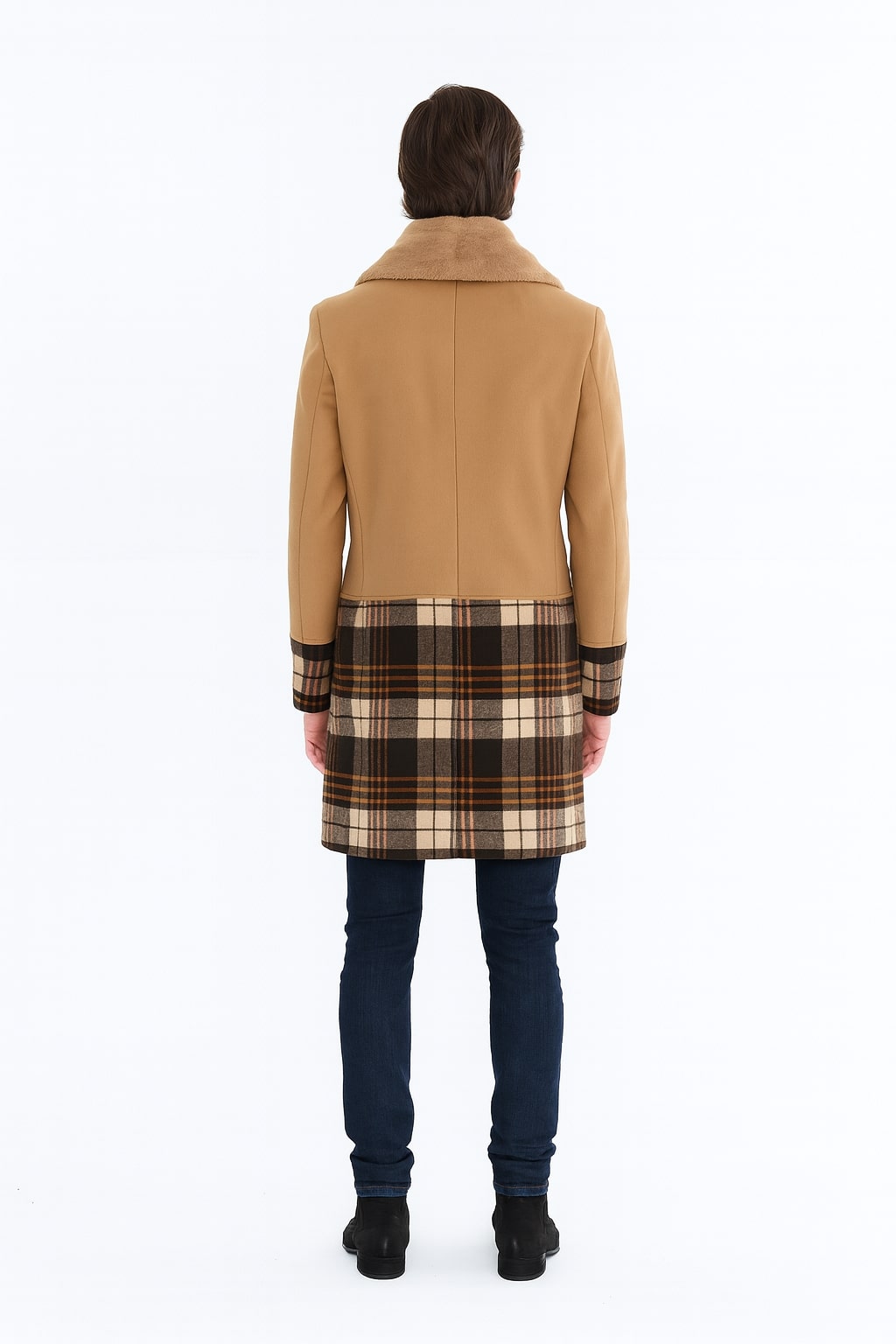Mens Camel Brown Shawl Collar Overcoat with Plaid Wool Bottom – Double-Breasted Winter Topcoat With Fur Collar - Coat Size 38