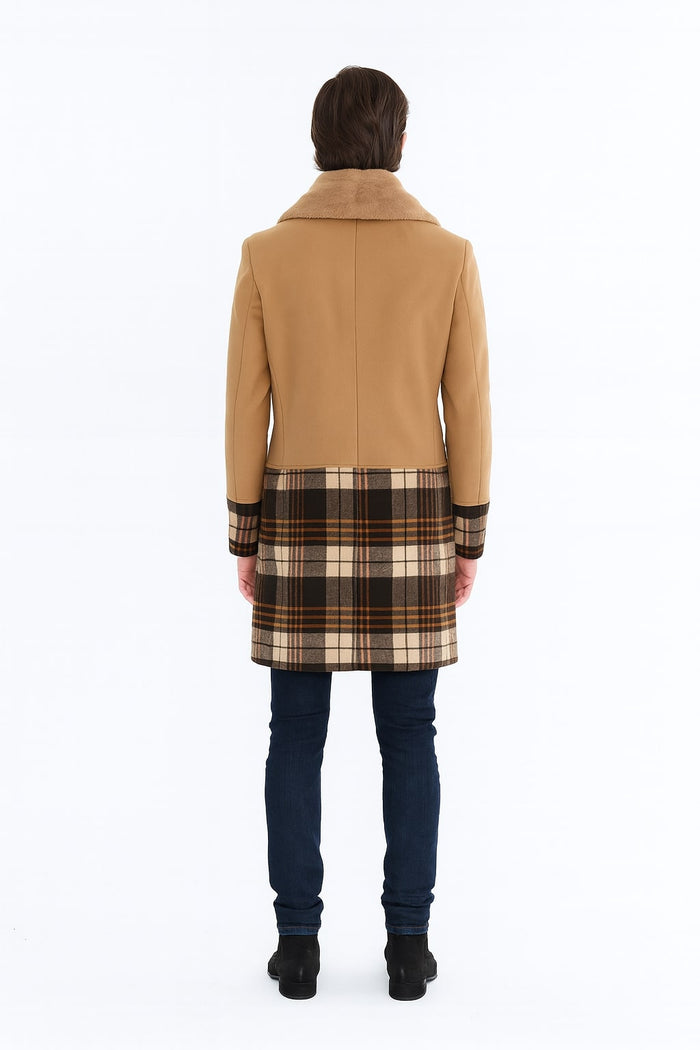 Mens Camel Brown Shawl Collar Overcoat with Plaid Wool Bottom â€“ Double-Breasted Winter Topcoat With Fur Collar