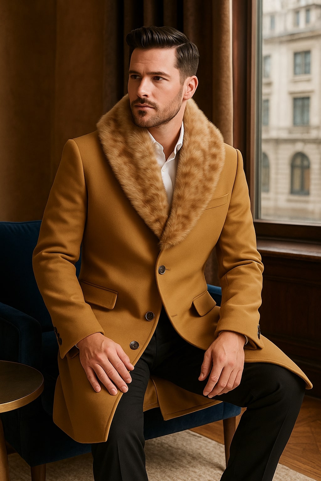 Mens Camel Overcoat with Light Faux Fur Collar  Single-Breasted Wool  Dress Coat