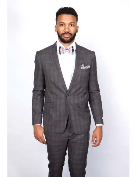 Mens Slim Fit Charcoal Plaid Suit by Rossiman Rossi 1-Button Jacket & Tapered Pants