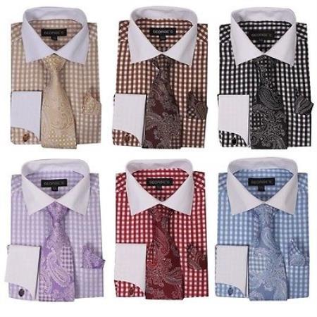 Checker French Cuff Set White Collar Two Toned Contrast Tie Handkerchief Varies Colors Men's Dress Shirt - Large 16.5" Neck / 36-37" sleeve