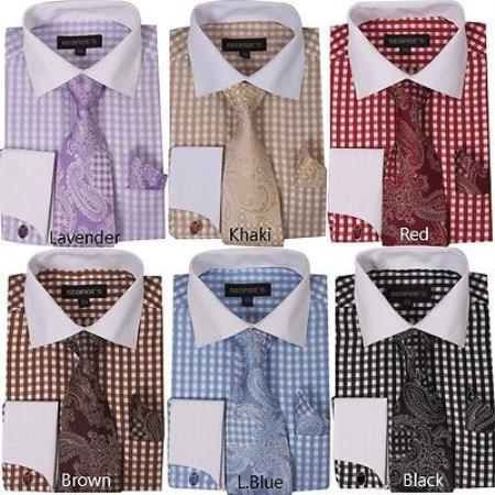 Checker French Cuff With Matching Cuff- Links Style White Collar Two Toned Contrast Multi-Color Men's Dress Shirt With Tie - Large 16.5" Neck / 36-37" sleeve