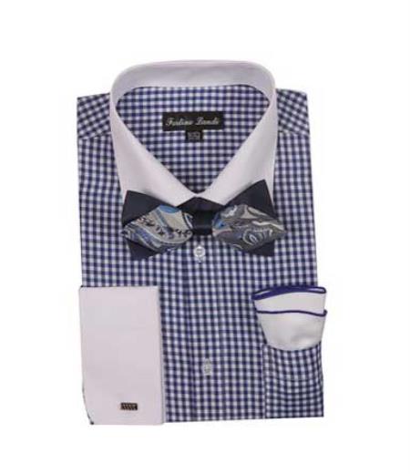 Men's Navy Checks French Cuff With White Collared Contrast Shirt